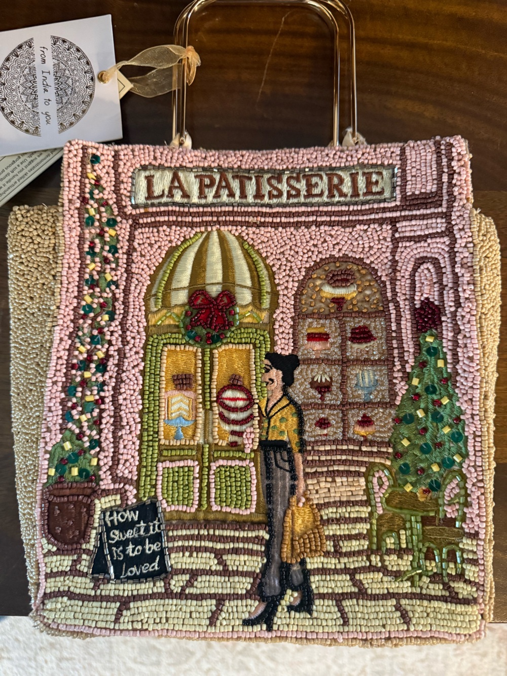 VIRAL La Patisserie Beaded Tote Bag in Pink with Multicolor Embroidery